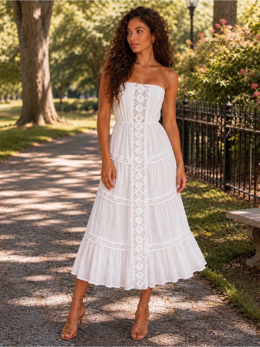 Strapless White Lace-Trim Midi Dress